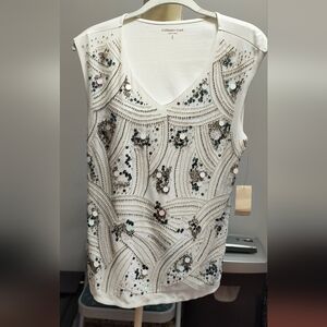 Coldwater Creek Cream and Green Sequin And Beaded Tank Top